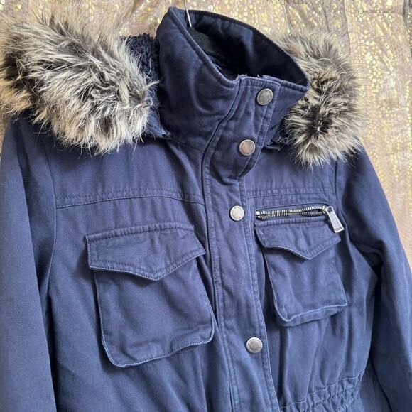 BCBGeneration Navy Blue Hooded Faux Fur Trim Anorak Parka Coat Large - Picture 3 of 10